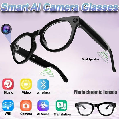 【Black Friday Deal】 Smart AI Camera Glasses with 8MP Photochromic Lenses ,Button Touch Adjustment for Travel Outdoor Adventures Hands-Free Photography 160+Languages Real-Time Translation Bluetooth Wireless Wearable Video Recording UV Protection